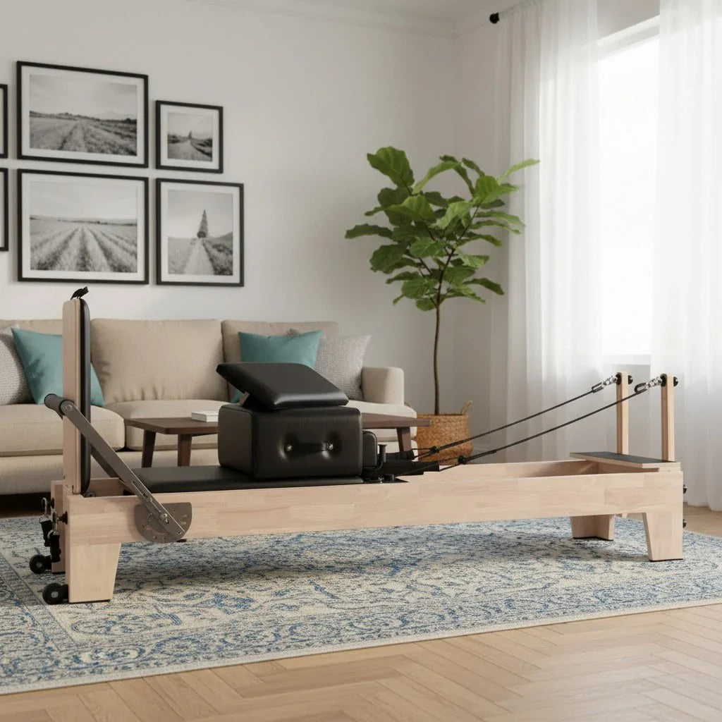 1GKU Oak Pilates Reformer in home studio setting
